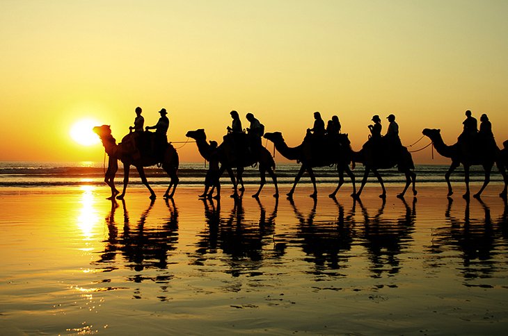 日落时分在凯布尔海滩骑骆驼